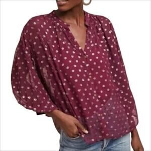 Anthropologie Moulinette Soeurs Allegra Sheer Blouse Burgundy Gold Foil Dots XS